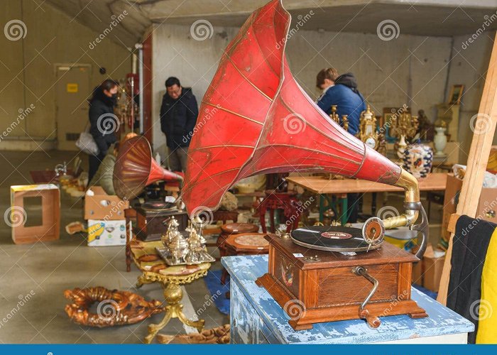 Antique Market Tongeren Vintage Gramophone with Vinyl Record on Sale at Flea Market ... photo